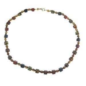 Scottish Speckle Glass Beaded Necklace 18 In Beads FAUX Agate Goldtone